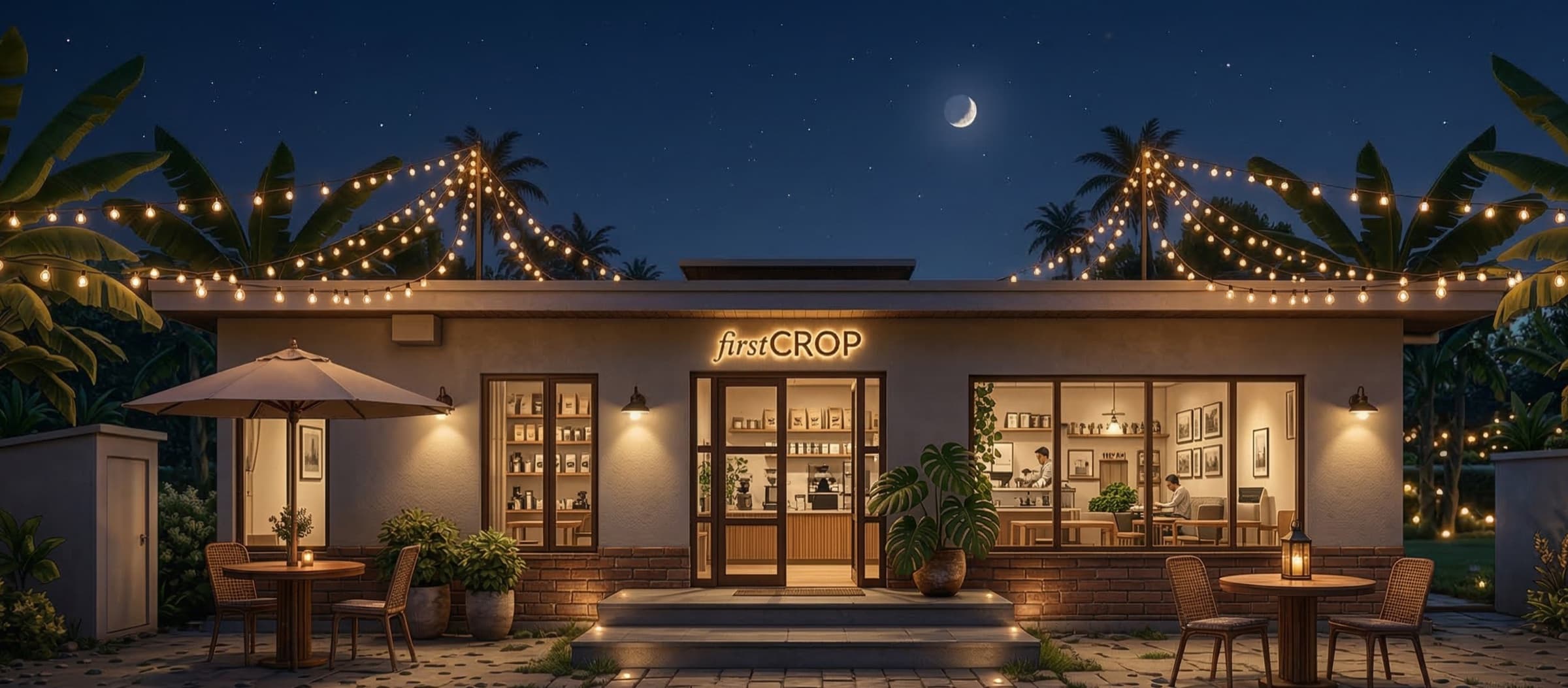 First Crop kafenin gece görünümü